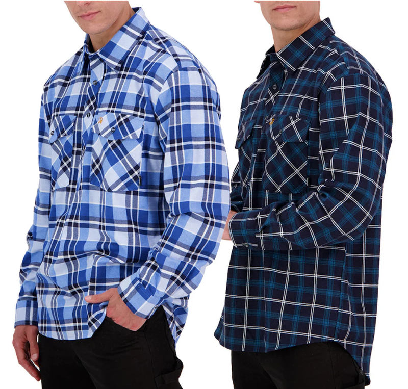 Swandri Mens Egmont Half Button Flannelette Shirt Twin Pack